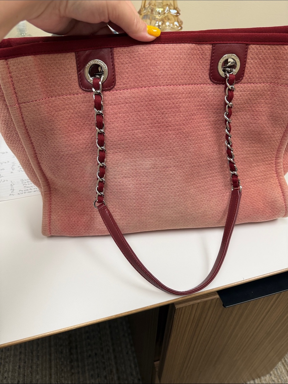 CHANEL Pink Canvas Tote with Burgundy Trim and Chain Handles - Picture 13 of 15